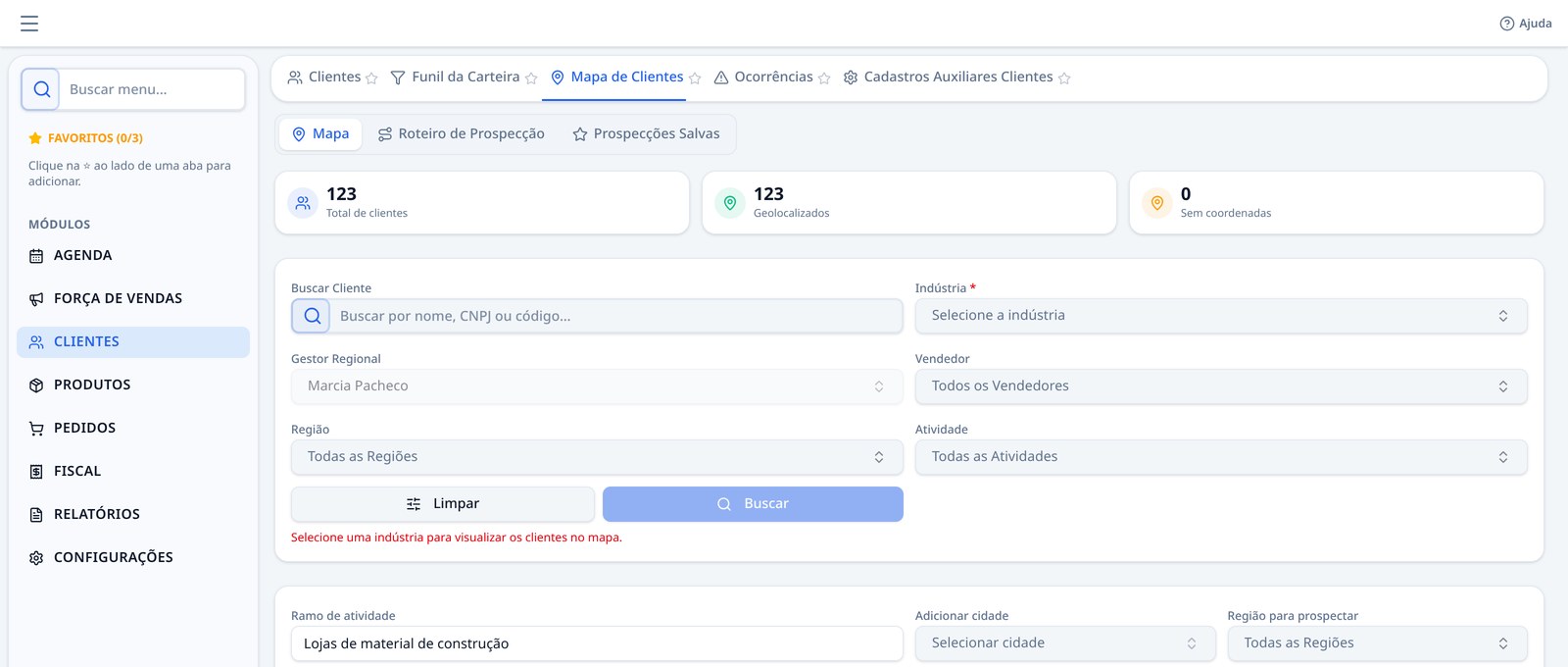 Tela real do RS Gestão: prospecção de clientes por ramo de atividade e cidade, com CNPJ e dados da empresa